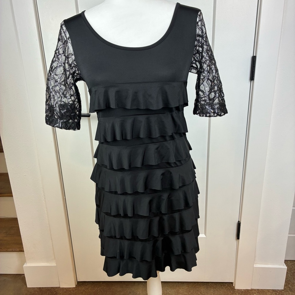 Isle Apparel Black Lace-Sleeve Ruffle Knee Length Party Dress Size Small  i